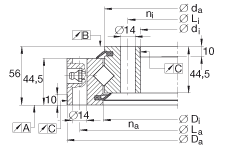 交叉滾子軸承 XSU140744, 標(biāo)準(zhǔn)系列 14， 無齒輪齒，兩側(cè)唇密封