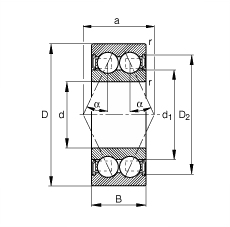 角接觸球軸承 3808-B-2RSR-TVH, 雙列，雙側(cè)唇密封，接觸角 α = 25°